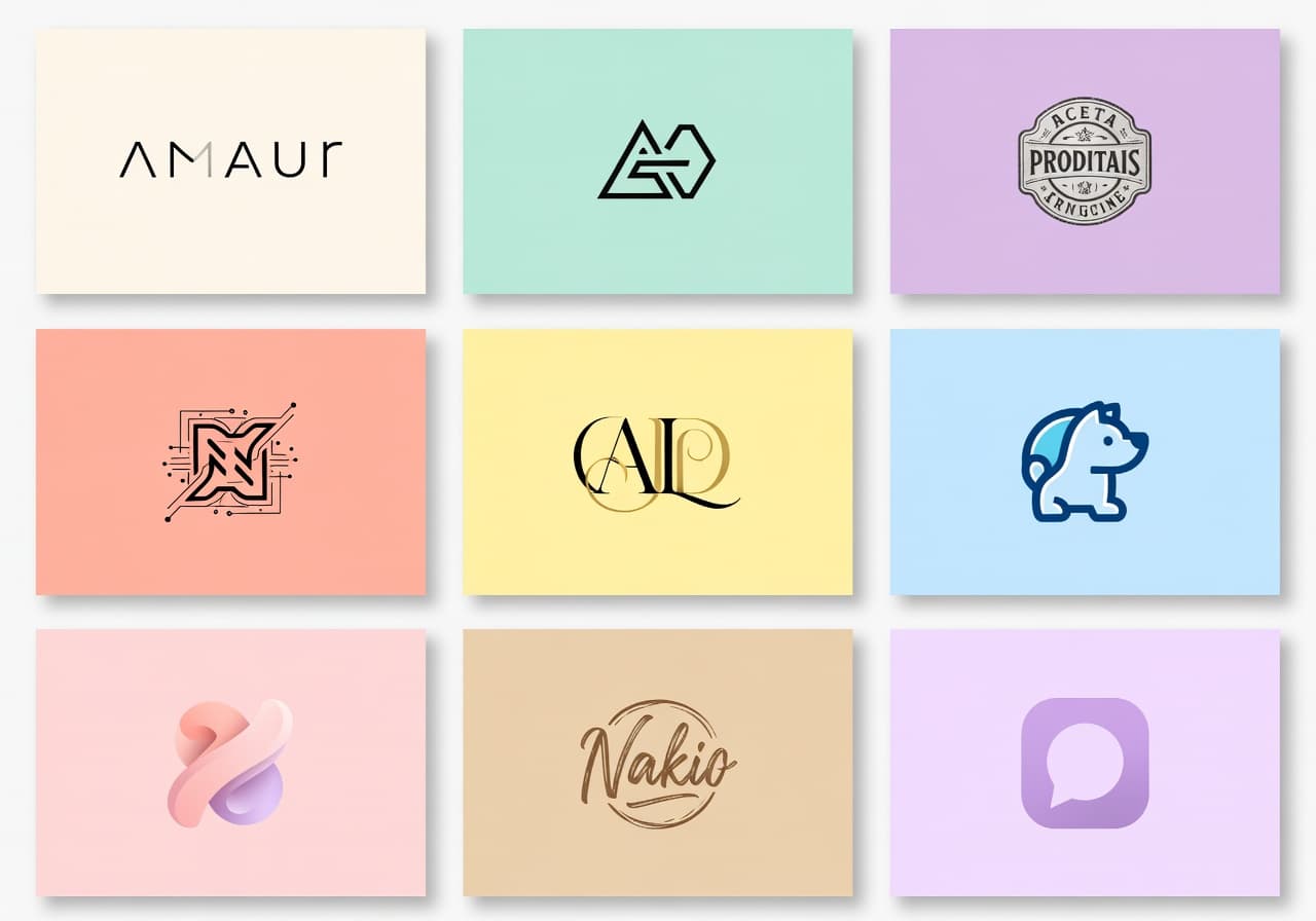 AI logo maker app preview — grid of nine AI generated logo concepts spanning minimalist, monogram, vintage badge, mascot, luxury, abstract tech, and app icon styles
