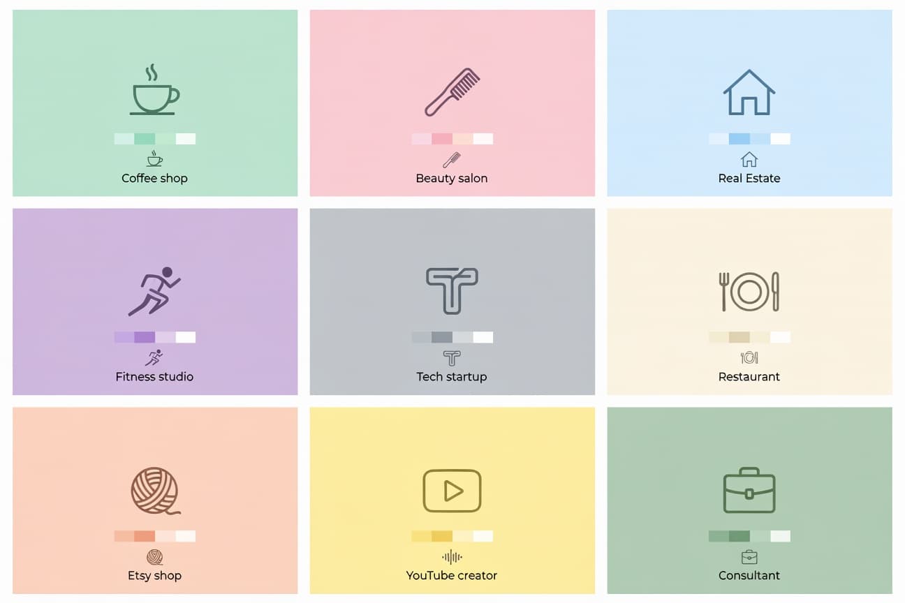 AI logo maker examples for coffee shops, beauty salons, real estate, fitness, tech startups, restaurants, Etsy shops, YouTube creators, and consultants