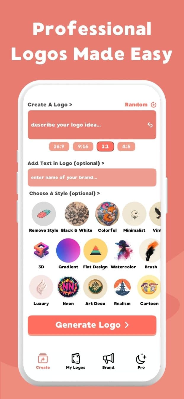 Logify AI logo generator workflow on iPhone — brand name input and logo style selection