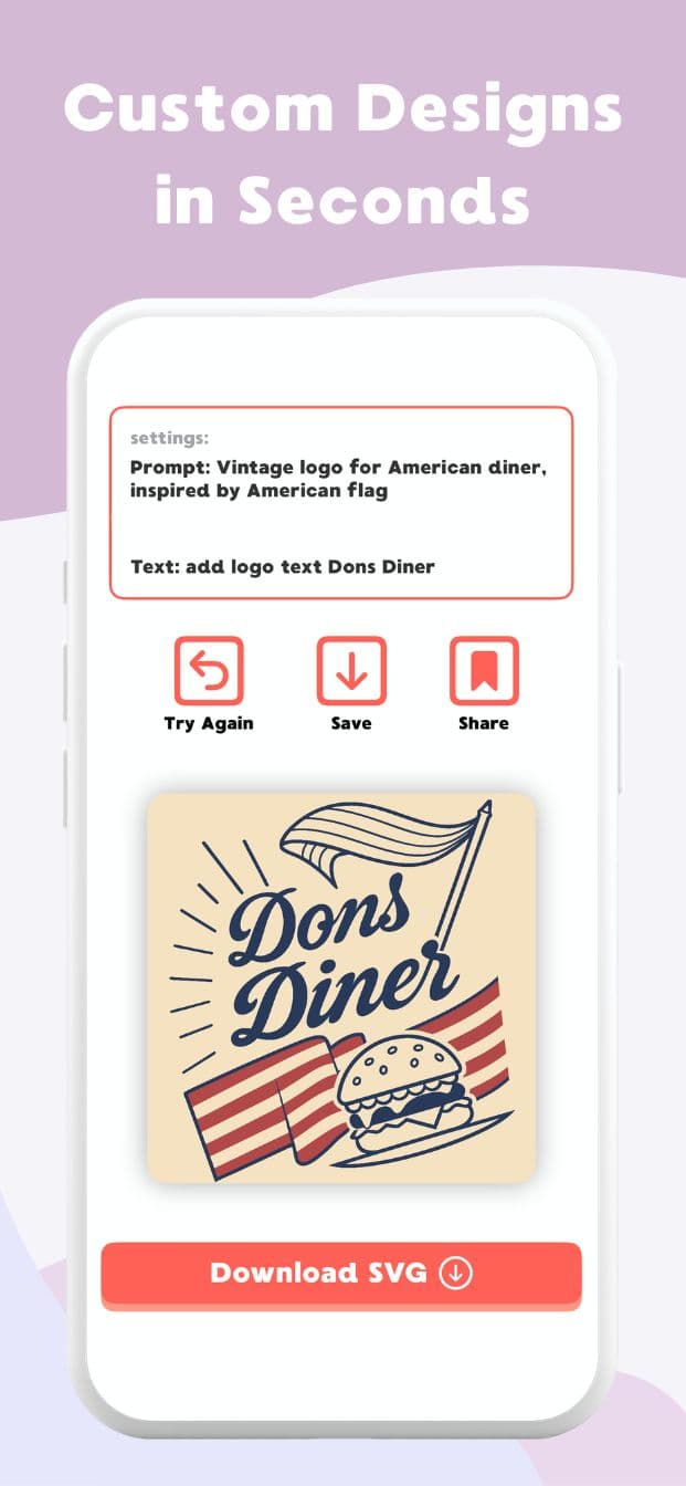 AI logo generator app screen showing a generated logo gallery on iPhone