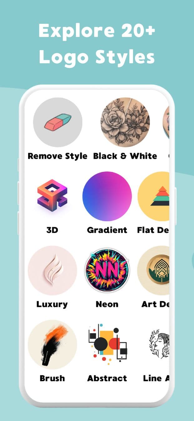 Logify logo style selection interface — minimalist, modern, monogram, mascot, luxury